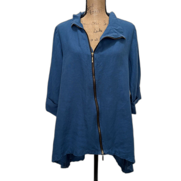 Comfy USA Alex Jacket‎ 100% Linen Asymmetric Zip Navy Blue Lagenlook Size Small - Picture 1 of 4